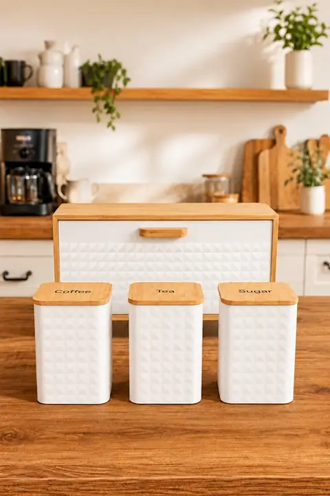 Footed Bread Bin with 3 Square Metal Tea & Sugar Canisters