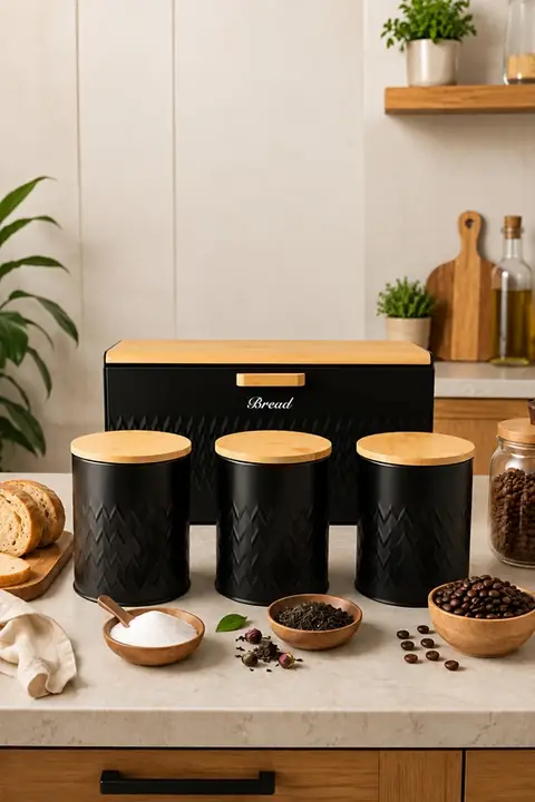 Lidded Metal Bread Bin with 3 Tea & Sugar Canisters