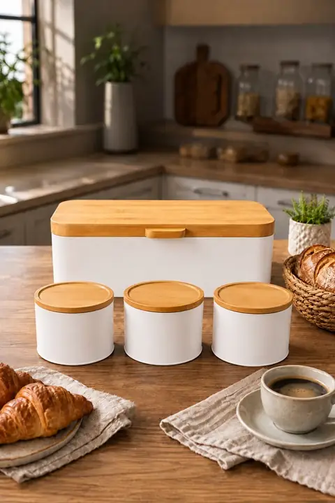 Rectangular Metal Bread Bin with 3 Round Tea & Sugar Canisters