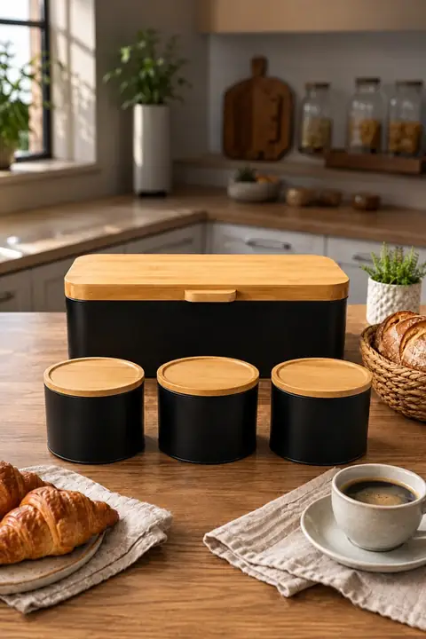 Rectangular Metal Bread Bin with 3 Round Tea & Sugar Canisters