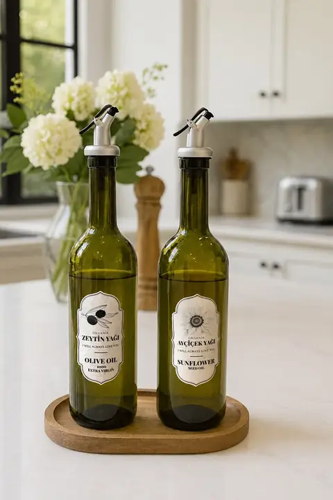 Labelled Glass Olive & Sunflower Oil Bottle Set with Stand, 750 ml