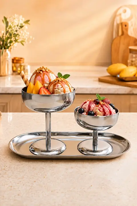 3-Piece Metal Ice Cream Serving Set: Short & Tall Bowls & Boat Dish