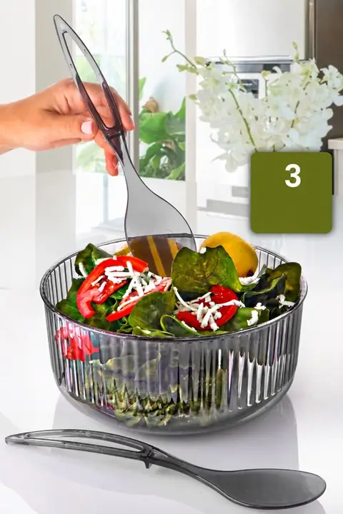 Round Acrylic Salad Bowl with Servers, 23 cm