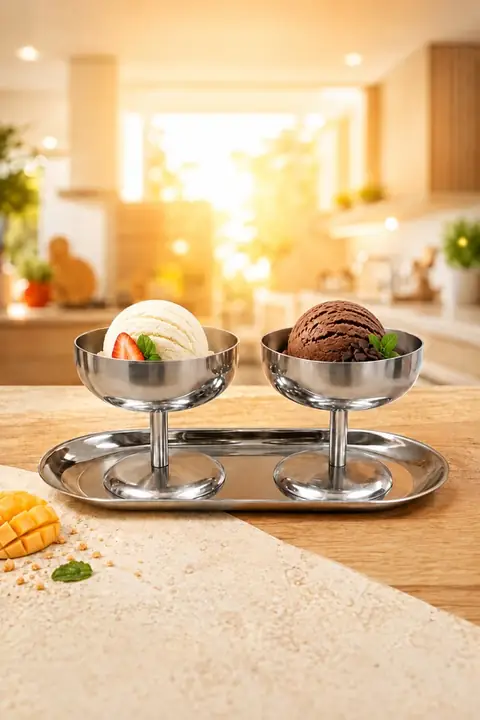 3-Piece Metal Ice Cream Serving Set: 2 Wide Bowls & 1 Boat Dish