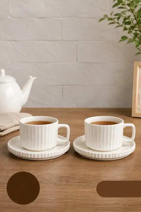 Ribbed Porcelain Tea Cup & Saucer Set for 2, 220 ml