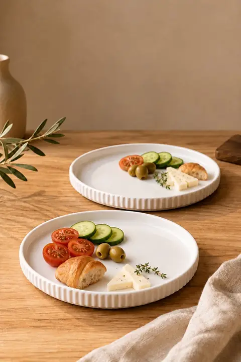 2-Piece Ribbed Porcelain Serving Plate Set, 20 cm
