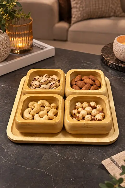 4-Bowl Square Bamboo Snack Server with Tray, 22 cm