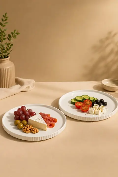 2-Piece Ribbed Porcelain Serving Plate Set, 24 cm