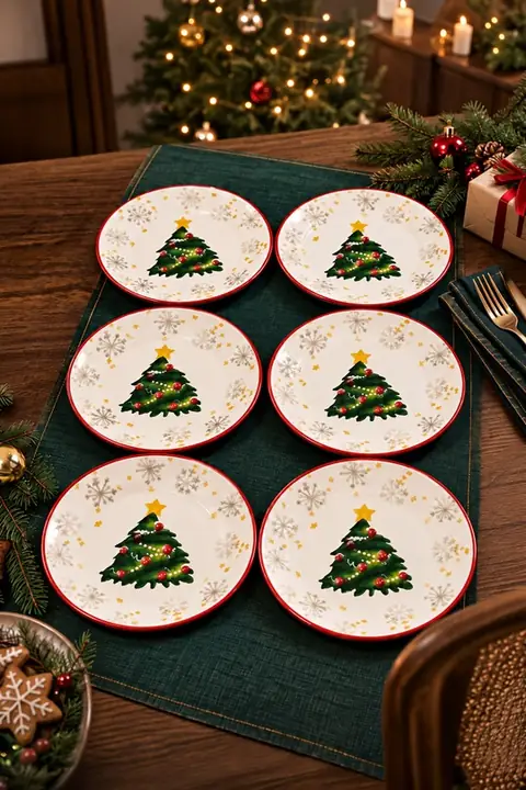 6-Piece Festive Christmas Tree Dessert Plate Set, 19 cm