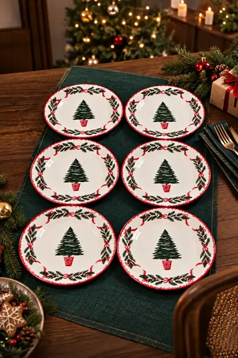 6-Piece Christmas Tree Dessert Plate Set, 19 cm