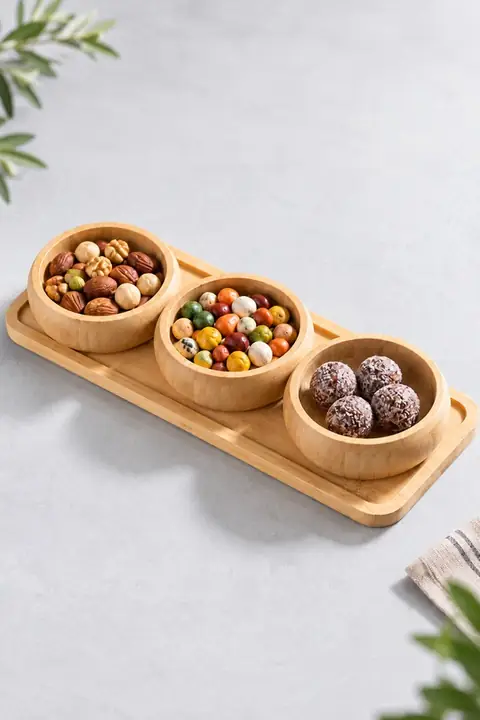 Bamboo Snack Tray with 3 Round Bowls