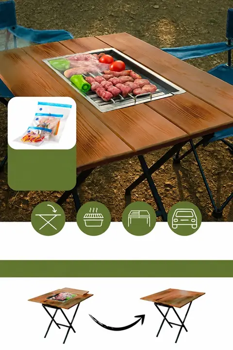 Folding Camping Table & BBQ Grill with 6 Picnic Bags