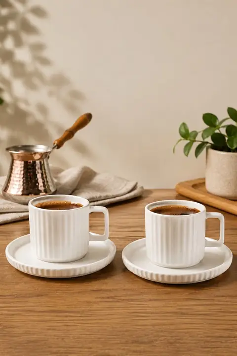 Ribbed Porcelain Cup & Saucer Set for 2, 100 ml