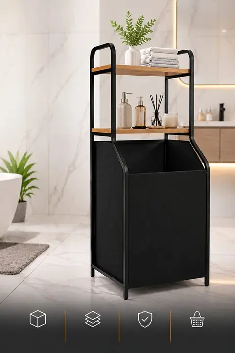Metal Bathroom Shelf with Fabric Laundry Hamper, 80 L