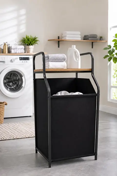 Metal Bathroom Shelf with Fabric Laundry Hamper