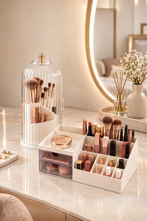 2-Piece Makeup Organizer Set: Dome-Lid Brush Holder & 11-Compartment Drawer Organizer