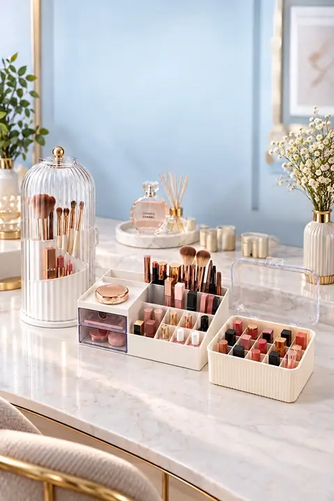 3-Piece Makeup Organizer Set: Dome-Lid Brush Holder, 11- & 15-Compartment Drawer Organizers