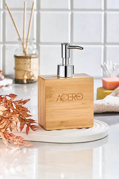 Rectangular Bamboo Soap Dispenser with Chrome Pump, 225 ml