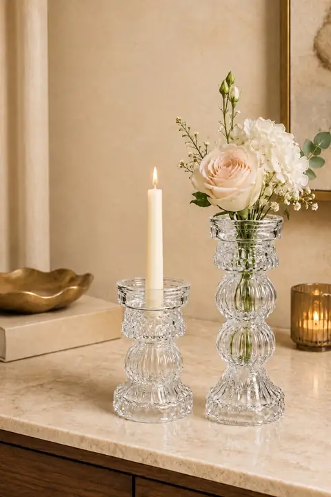 2-Piece Crystal Glass Candle Holder & Vase Set, Reversible