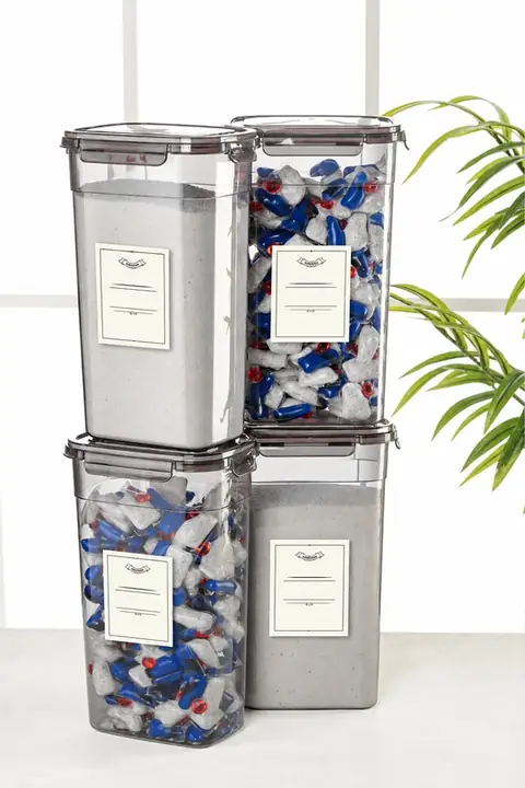 4-Piece Sealed Rectangular Detergent Container Set with Labels, 3.2 L