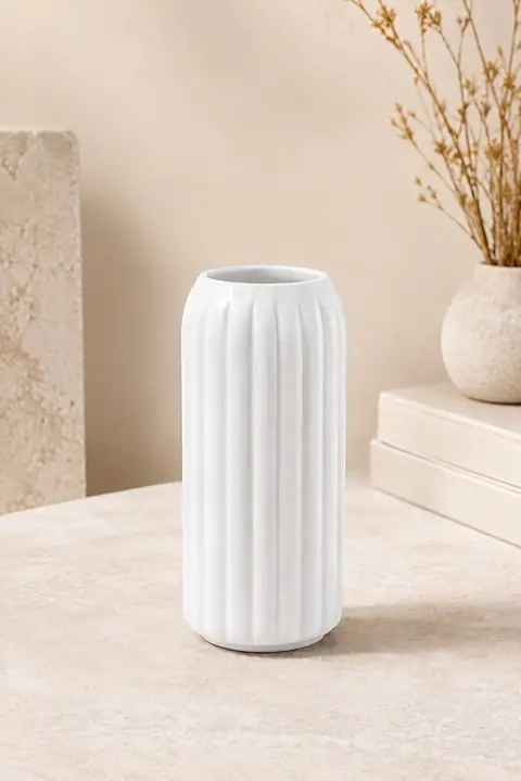 Tall Ribbed Ceramic Vase, 19 cm