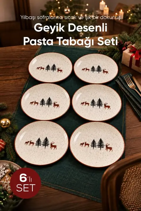 6-Piece Reindeer Pattern Round Dessert Plate Set, 19 cm