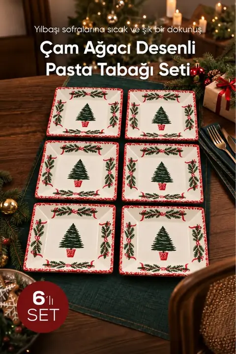 6-Piece Pine Tree Pattern Square Dessert Plate Set, 18.7 cm