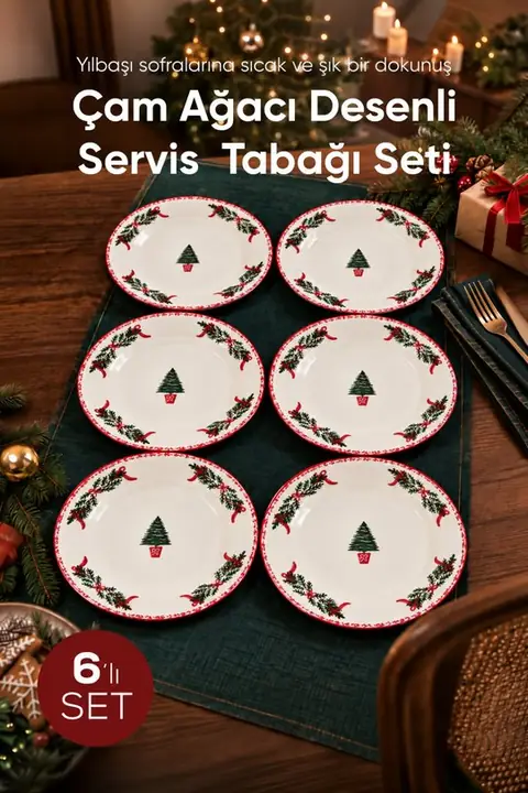 6-Piece Pine Tree Pattern Round Serving Plate Set, 25 cm