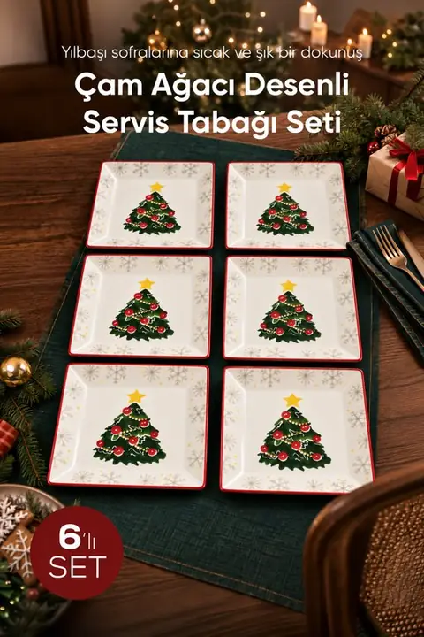 6-Piece Decorated Pine Tree Square Serving Plate Set, 24 cm