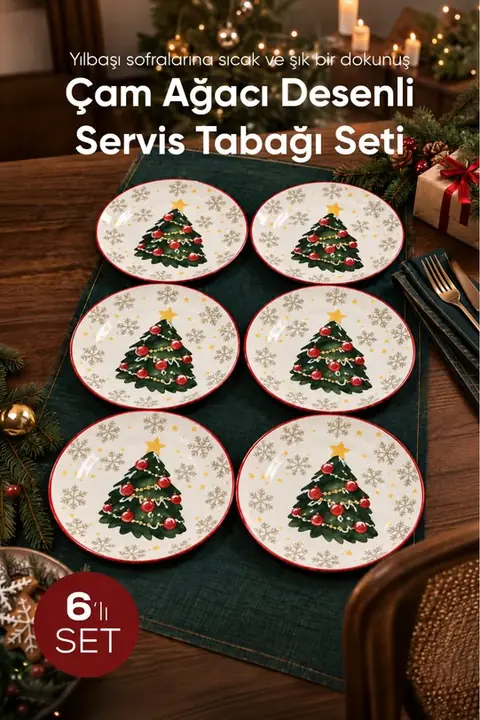 6-Piece Decorated Pine Tree Round Serving Plate Set, 25 cm